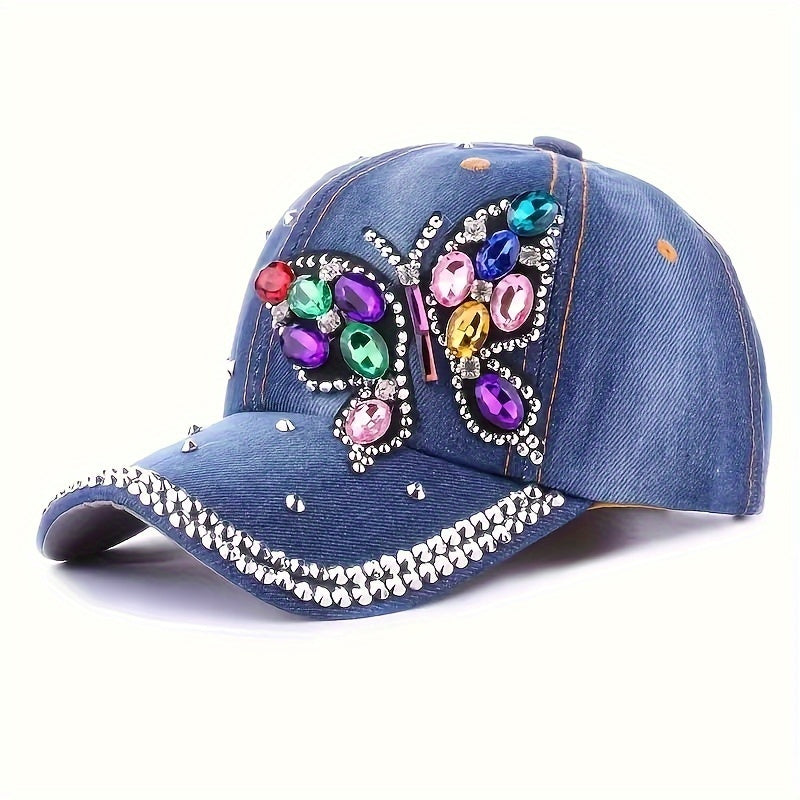 Women's Rhinestone Butterfly Baseball Cap - Stylish Washed Denim Trucker Hat with Colorful Gemstone Decor, Sun Protection, Lightweight & Adjustable Fit for Outdoor Activities